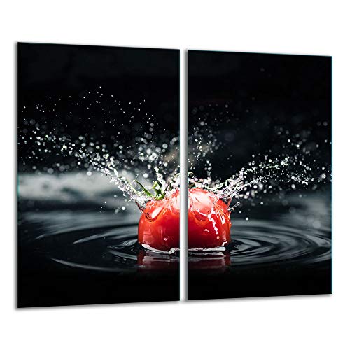 QTA | Herdabdeckplatten 2x30x52 cm Ceranfeld 2-Teilig Universal Elektroherd Induktion für Kochplatten Herdschutz Deko Schneidebrett Sicherheitsglas Spritzschutz Glas Tomate Schwarz von QTA