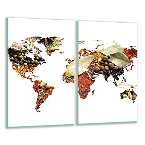 QTA | Herdabdeckplatten 2x30x52 cm Ceranfeldabdeckung 2-Teilig Universal Elektroherd Induktion für Kochplatten Herdschutz Deko Schneidebrett Sicherheitsglas Spritzschutz Glas Weltkarte Gewürze von QTA