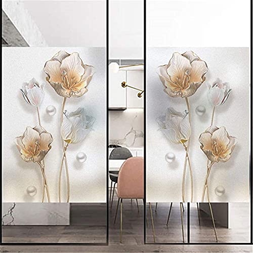 Blickdicht Statisch Fensterfolie Mit 3D Goldenem Rosen Motiv, Anti-UV Wiederverwendbar Sichtschutz Dekofolie Bad Selbsthaftend Kein Kleber Milchglasfolie,60x200cm von QTDZ