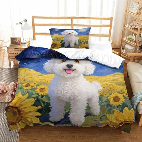 QTIVARLEN Bichon Frise Bettbezug Bettwäsche Set Kinderbettwäsche Reißverschluss Mit Kissenbezug Betten Set Für Jungen Und Mädchen, Kinder Single（135x200cm） von QTIVARLEN