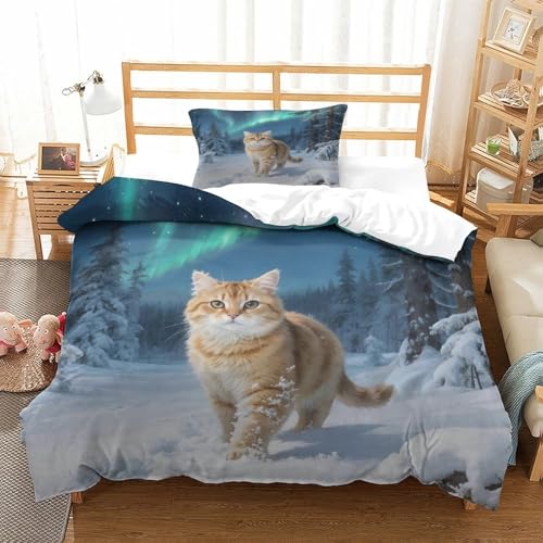 QTIVARLEN Golden Gradient Katze Bettbezug Bettwäsche-Sets Kinderbettwäsche-Set Reißverschluss Mit Kissenbezügen Betten Set Für Jungen Und Mädchen, Kinder Single（135x200cm） von QTIVARLEN