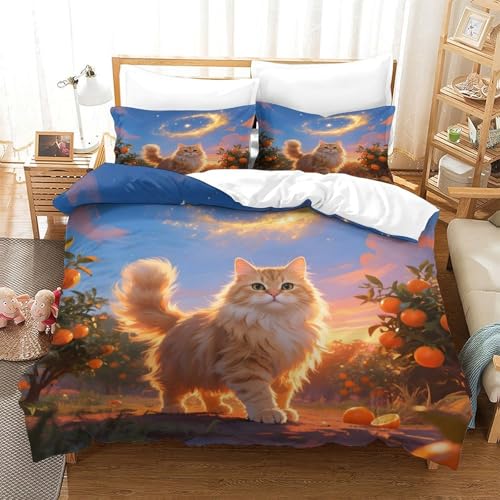 QTIVARLEN Golden Gradient Katze Bettbezug Set Bettwäsche Kinderbettwäsche Reißverschluss Mit Kissenbezug Betten Set Für Jugendliche Kinder Schlafzimmer Super King（260x220cm） von QTIVARLEN
