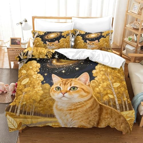 QTIVARLEN Golden Gradient Katze Bettbezug Set Bettwäsche Set Kinderbettwäsche Reißverschluss Mit Kissenbezügen Betten Set Für Jungen Und Mädchen, Kinder Super King（260x220cm） von QTIVARLEN