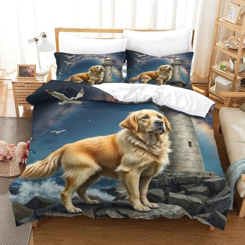 QTIVARLEN Goldener Retriever Bettbezug Bettwäsche Kinderbettwäsche Reißverschluss Mit Kissenbezügen Betten Set Für Jungen Und Mädchen, Kinder Single（140x200cm） von QTIVARLEN