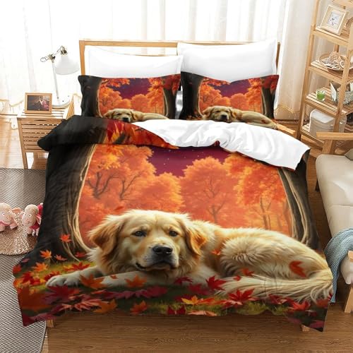 QTIVARLEN Goldener Retriever Bettbezug Bettwäsche Kinderbettwäsche Reißverschluss Mit Kissenbezug Betten Set Für Jugendliche Kinder Schlafzimmer Super King（260x220cm） von QTIVARLEN