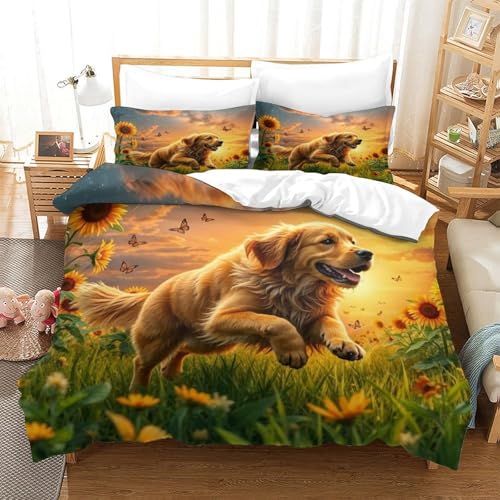 QTIVARLEN Goldener Retriever Bettbezug Bettwäsche Kinderbettwäsche-Set Reißverschluss Mit Kissenbezug Betten Set Für Jungen Und Mädchen, Kinder Super King（260x220cm） von QTIVARLEN