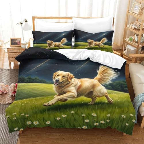 QTIVARLEN Goldener Retriever Bettbezug Bettwäsche Set Kinderbettwäsche Reißverschluss Mit Kissenbezug Betten Set Für Jugendliche Kinder Schlafzimmer Super King（260x220cm） von QTIVARLEN