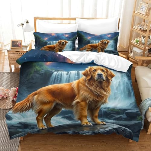 QTIVARLEN Goldener Retriever Bettbezug Bettwäsche Set Kinderbettwäsche-Set Reißverschluss Mit Kissenbezug Betten Set Für Jugendliche Kinder Schlafzimmer Single（140x200cm） von QTIVARLEN