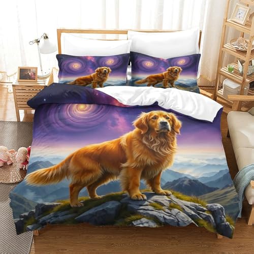 QTIVARLEN Goldener Retriever Bettbezug Bettwäsche-Sets Kinderbettwäsche Reißverschluss Mit Kissenbezug Betten Set Für Jugendliche Kinder Schlafzimmer Super King（260x220cm） von QTIVARLEN