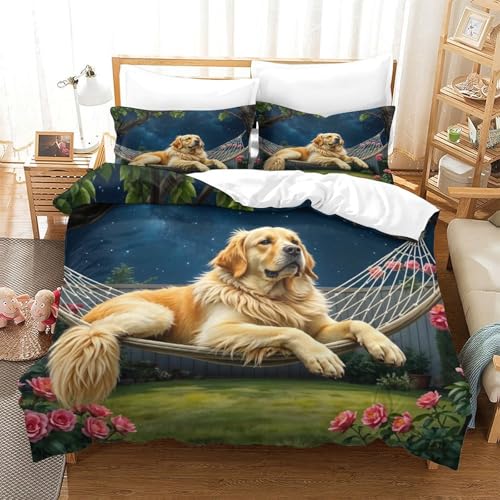 QTIVARLEN Goldener Retriever Bettbezug Set Bettwäsche Kinderbettwäsche Reißverschluss Mit Kissenbezügen Betten Set Für Jugendliche Kinder Schlafzimmer Super King（260x220cm） von QTIVARLEN