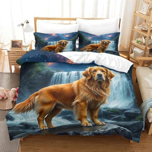 QTIVARLEN Goldener Retriever Bettbezug Set Bettwäsche Kinderbettwäsche-Set Reißverschluss Mit Kissenbezügen Betten Set Für Jungen Und Mädchen, Kinder Super King（260x220cm） von QTIVARLEN