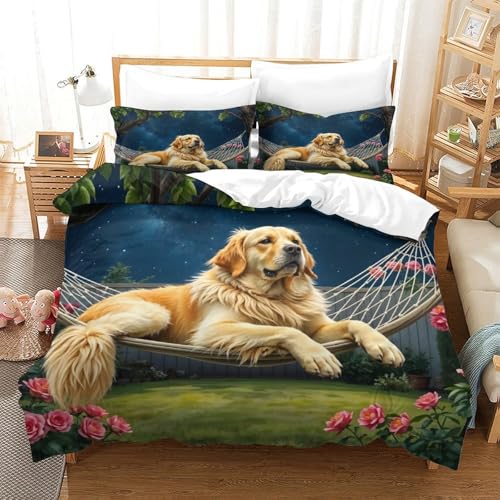 QTIVARLEN Goldener Retriever Bettbezug Set Bettwäsche Set Kinderbettwäsche Reißverschluss Mit Kissenbezug Betten Set Für Jugendliche Kinder Schlafzimmer Double（200x200cm） von QTIVARLEN