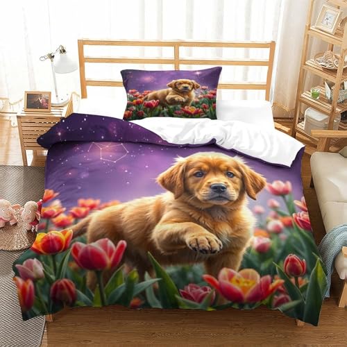 QTIVARLEN Goldener Retriever Bettbezug Set Bettwäsche-Sets Kinderbettwäsche Reißverschluss Mit Kissenbezügen Betten Set Für Jungen Und Mädchen, Kinder Single（135x200cm） von QTIVARLEN