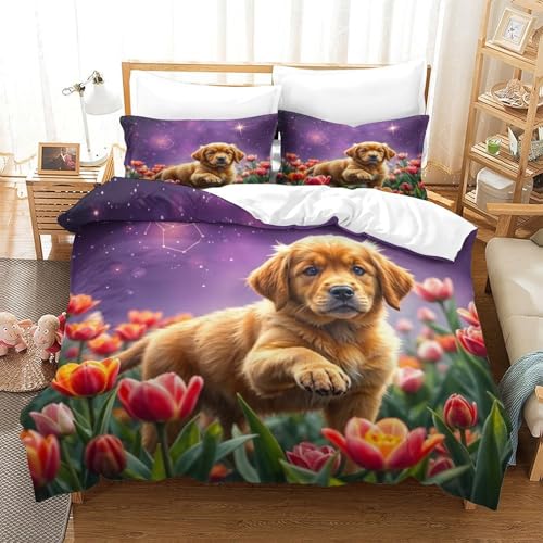QTIVARLEN Goldener Retriever Bettbezug Set Bettwäsche-Sets Kinderbettwäsche-Set Reißverschluss Mit Kissenbezügen Betten Set Für Jungen Und Mädchen, Kinder Super King（260x220cm） von QTIVARLEN
