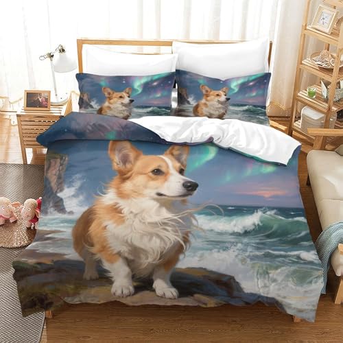 QTIVARLEN Pembroke Walisischer Corgi Bettbezug Set Bettwäsche Kinderbettwäsche Reißverschluss Mit Kissenbezügen Betten Set Für Jungen Und Mädchen, Kinder Super King（260x220cm） von QTIVARLEN