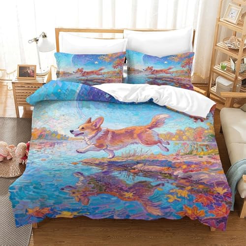 QTIVARLEN Pembroke Walisischer Corgi Bettbezug Set Bettwäsche Set Kinderbettwäsche Reißverschluss Mit Kissenbezug Betten Set Für Jugendliche Kinder Schlafzimmer Super King（260x220cm） von QTIVARLEN