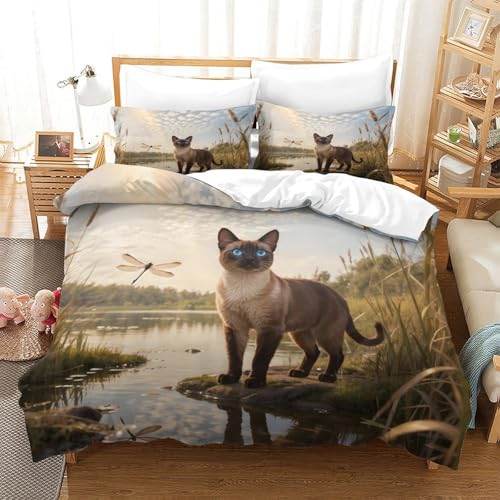 QTIVARLEN Siamisches Kätzchen Bettbezug Bettwäsche Kinderbettwäsche-Set Reißverschluss Mit Kissenbezug Betten Set Für Jugendliche Kinder Schlafzimmer King（220x240cm） von QTIVARLEN