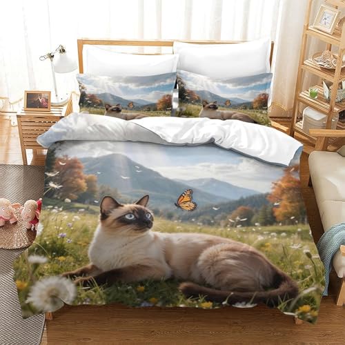 QTIVARLEN Siamisches Kätzchen Bettbezug Bettwäsche Set Kinderbettwäsche-Set Reißverschluss Mit Kissenbezug Betten Set Für Jugendliche Kinder Schlafzimmer Double（200x200cm） von QTIVARLEN