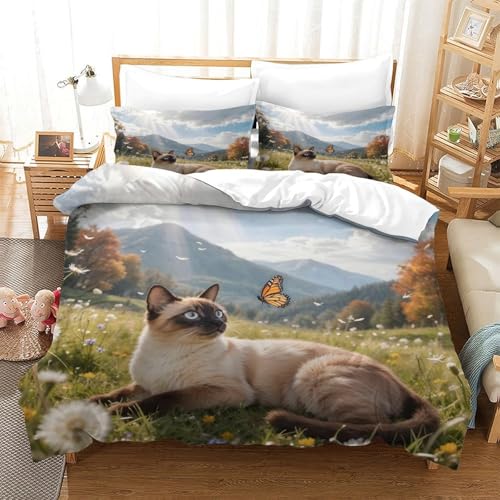 QTIVARLEN Siamisches Kätzchen Bettbezug Set Bettwäsche Kinderbettwäsche-Set Reißverschluss Mit Kissenbezug Betten Set Für Jugendliche Kinder Schlafzimmer Single（140x200cm） von QTIVARLEN
