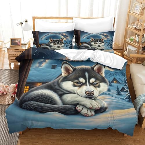QTIVARLEN Sibirischer Husky Bettbezug Bettwäsche Kinderbettwäsche-Set Reißverschluss Mit Kissenbezug Betten Set Für Jungen Und Mädchen, Kinder Double（200x200cm） von QTIVARLEN