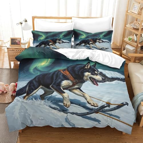 QTIVARLEN Sibirischer Husky Bettbezug Bettwäsche Set Kinderbettwäsche Reißverschluss Mit Kissenbezügen Betten Set Für Jungen Und Mädchen, Kinder Super King（260x220cm） von QTIVARLEN