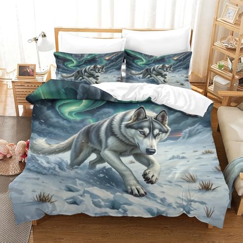 QTIVARLEN Sibirischer Husky Bettbezug Bettwäsche-Sets Kinderbettwäsche Reißverschluss Mit Kissenbezug Betten Set Für Jungen Und Mädchen, Kinder Super King（260x220cm） von QTIVARLEN