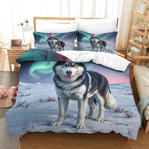 QTIVARLEN Sibirischer Husky Bettbezug Set Bettwäsche Set Kinderbettwäsche Reißverschluss Mit Kissenbezügen Betten Set Für Jugendliche Kinder Schlafzimmer Single（140x200cm） von QTIVARLEN