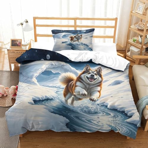 QTIVARLEN Sibirischer Husky Bettbezug Set Bettwäsche Set Kinderbettwäsche Reißverschluss Mit Kissenbezügen Betten Set Für Jungen Und Mädchen, Kinder Single（135x200cm） von QTIVARLEN
