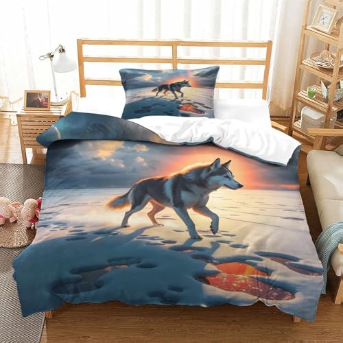 QTIVARLEN Sibirischer Husky Bettbezug Set Bettwäsche-Sets Kinderbettwäsche-Set Reißverschluss Mit Kissenbezügen Betten Set Für Jungen Und Mädchen, Kinder Single（135x200cm） von QTIVARLEN