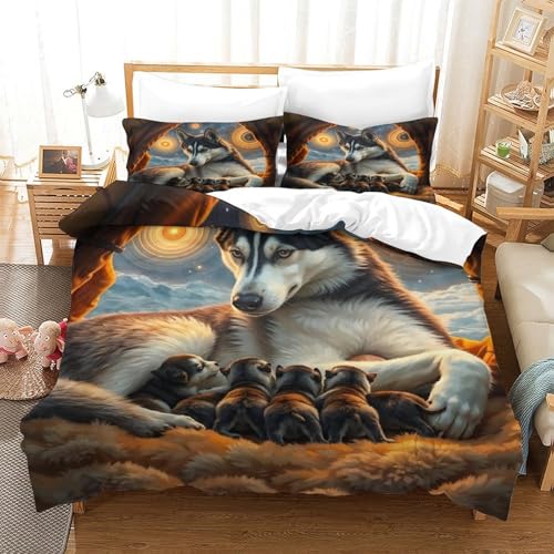 QTIVARLEN Sibirischer Husky Bettbezug Set Bettwäsche-Sets Kinderbettwäsche-Set Reißverschluss Mit Kissenbezug Betten Set Für Jugendliche Kinder Schlafzimmer Single（140x200cm） von QTIVARLEN