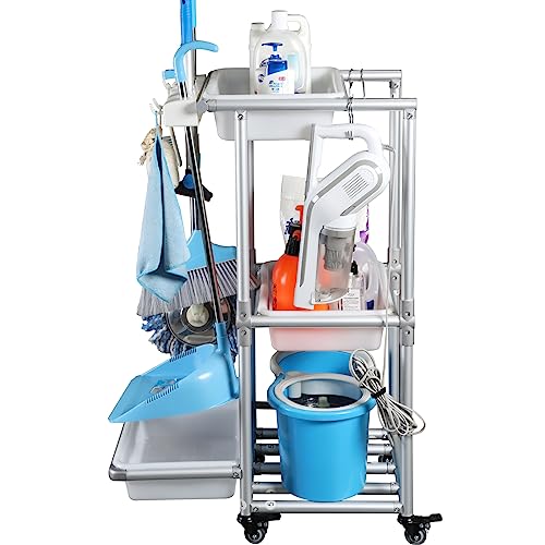 QTJH JHC2 - Silberner Aluminium Reinigungswagen mit Dreistöckigem Regalsystem und Vier S-Haken für Effiziente Organisation von QTJH
