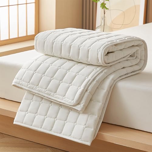 QTQHOME Japanische Bodenmatratze, faltbare Tatami-Matte, Yoga-Meditationsmatten, faltbare Aufbewahrung mit Anti-Rutsch-Eckgurten für Camping und Gäste (Kingsize-Bett (177,8 x 203,2 cm), weiß) von QTQHOME