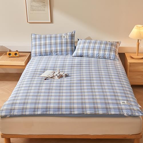 QTQHOME Japanische Futon-Matratze, faltbare Bodenmatratze, tragbare Tatami-Matte mit Reißverschluss, Baumwoll-Futon-Matratzenauflage für Schlafsaal (Doppelbett (119,4 x 203,2 cm), Blau) von QTQHOME