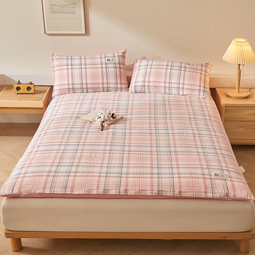 QTQHOME Japanische Futon-Matratze, faltbare Bodenmatratze, tragbare Tatami-Matte mit Reißverschluss, Baumwoll-Futon-Matratzenauflage für Schlafsaal (Kingsize-Bett (203,2 x 221 cm), Rosa) von QTQHOME