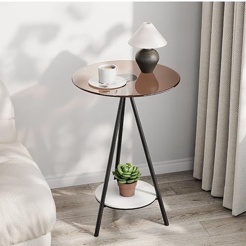 QTQHOME Kleiner runder Beistelltisch, 2-stöckig, moderner Beistelltisch aus der Mitte des Jahrhunderts, runde Glas-Beistelltisch, rostfarbene Metallkonstruktion, Beistelltisch für Wohnzimmer, kleiner von QTQHOME