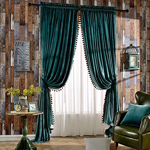 QTQHOME Luxus Samt Vorhang Verdunklungsvorhänge,Vintage Pom Pom Fensterschal,Wärmeisoliert Rod Pocket Quaste Gardinen Für Schlafzimmer Livng Zimmer Dekor-Dark Green 150x270cm(59x106inch) von QTQHOME