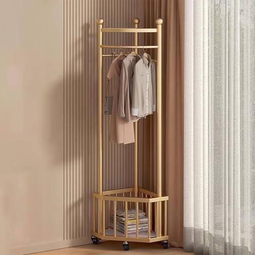 QTQHOME Moderne Eckgarderobe, Multifunktionaler Eckflurbaum mit Rollen, Metall Kleiderständer mit Lagerregal und Haken, Eckgarderobe für Wohnzimmer, Schlafzimmer, Büro, Gold von QTQHOME