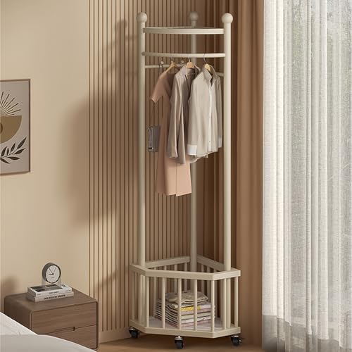 QTQHOME Moderne Eckgarderobe, Multifunktionaler Eckflurbaum mit Rollen, Metall Kleiderständer mit Lagerregal und Haken, Eckgarderobe für Wohnzimmer, Schlafzimmer, Büro, Weiß von QTQHOME