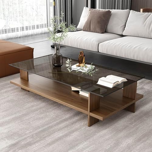 QTQHOME Rechteckiger Couchtisch, moderner Cocktailtisch mit Tischplatte aus gehärtetem Glas und Holzsockel, 2-stöckiger Akzent-Teetisch mit Ablagefach für Wohnzimmer (120 x 60 x 39 cm, A) von QTQHOME