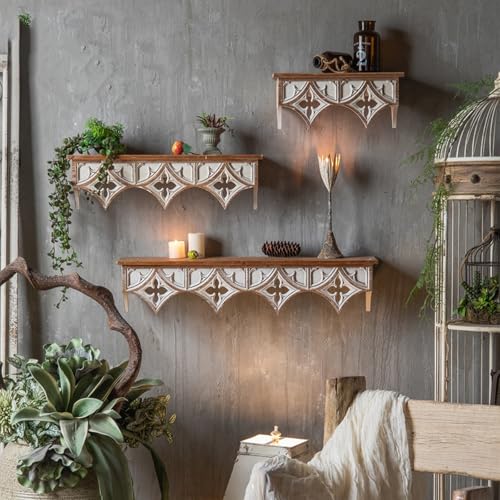 QTQHOME Rustikales Wandregal aus Holz, schwebende Regale, Wandmontage, schwebende Regale für Dekorationen, Massivholz-Wandregale, Vintage-Heimdekoration, Café-Hintergrund-Requisiten (groß, Holz) von QTQHOME
