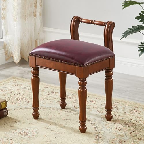 QTQHOME Schminktischhocker, Leder Gepolsterte Klavierbank mit geschnitzten Beinen aus Massivholz, niedrige Rückenlehne für Schminkzimmer, Wohnzimmer, Schönheitssalon (45cm, Weinrot A) von QTQHOME