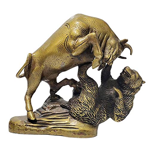 QTQHOME Wall Street Bull & Bear Schlacht Messing Statue,Kampf Gegen Stock Markt Bulle Und Bär Skulptur,Abstrakt Kunst Tischplatte Rinder Figur Finanzmakler Geschenk-Bär und stier 23x7x20cm(9x3x8inch) von QTQHOME