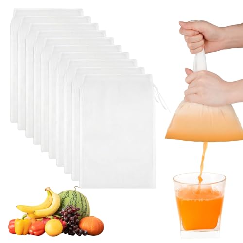 QTTRPCU 10 Stück Nussmilchbeutel Bio Waschbar, Passiertuch Wiederverwendbar mit Kordelzug, Filterbeutel Nylon für Nut Käse Fruchtsaft Joghurt Käse Fruchtsaft Kaffee (20 × 30 cm) von QTTRPCU