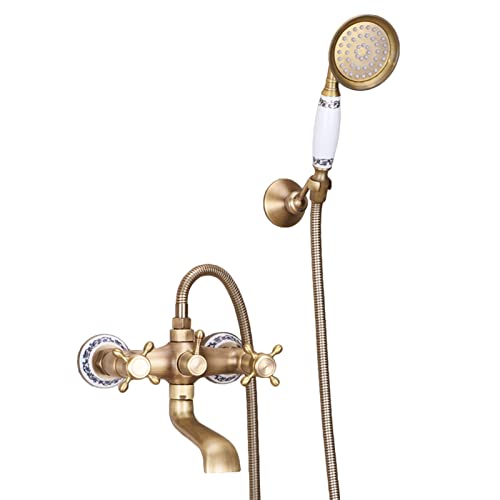 Badezimmer Luxus 2-Funktion Duscharmatur Set wandmontiertes Hand Duschkopf-System Retro europäischer Duschkopf, Winkel Verstellbar, Messing von QTYQWC