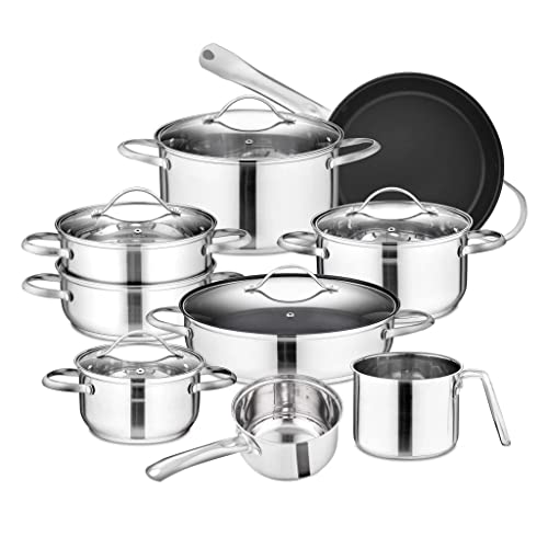 Cookware Kochgeschirr-Set Edelstahl 14-teiliges Kochtopf-Pfannenset Stielkasserolle Antihaft-Bratpfanne mit Glasdeckel von QTYQWC