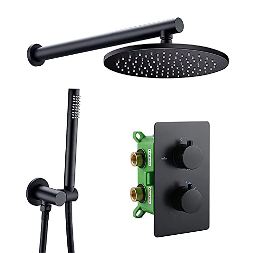 Duschessatz Thermostatisches Duschsystem Schwarzes runde Niederschlagsduschkopfsystem mit Handheld -Combo -Set, wandmontierter Duschhahn mit Messingventil, 12 Zoll von QTYQWC