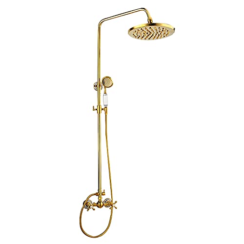 Duschset Gold Regen Duschsystem 8 Zoll Duschhahn Wasserhahn Set Wandmontage Duschkombination Doppelgriff Regenmischerdusche mit Handheld Dusche, Duschkopf, Badeausgabe, Typ A von QTYQWC