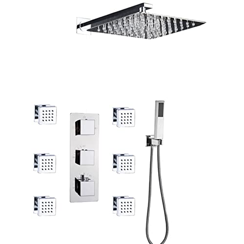 Duschsystem thermostatisch verdeckte Duschkombination Set Finish Duschmischer Taps mit 6 Körpersprays mit Messinghand Dusche und Wasserfall Niederschlag Duschkopf, A-8 Zoll von QTYQWC