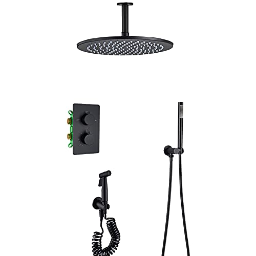 Schwarze Regendusche Thermostatische Badezimmer Dusche Wasserhahn Set Deckenmontage Dusche Combo Set Messing Regenmischer Dusche mit runden Dusche, Handheld -Dusche, Bidet Sprayer, 8 Zoll von QTYQWC