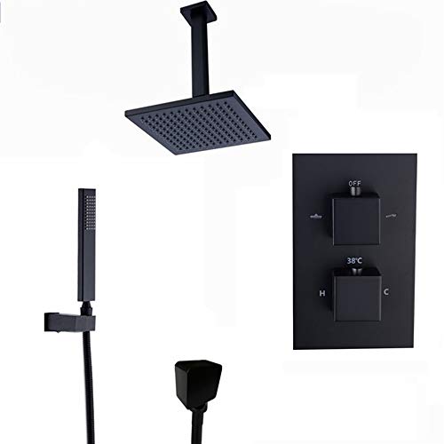 Schwarzes thermostatisches Duschsystem mit kaltem und heißem Wasser Deckenmotor -Duschhahn mit Multifunktions -Dusche Combo -Set mit quadratischem Duschkopf, Handschuhe, 8 Zoll Schwarzes thermostatisches Duschsystem mit kaltem und heißem Wasser Deckenmotor -Duschhahn mit Multifunktions -Dusche Combo -Set mit quadratischem Duschkopf, Handschuhe, 8 Zoll von QTYQWC